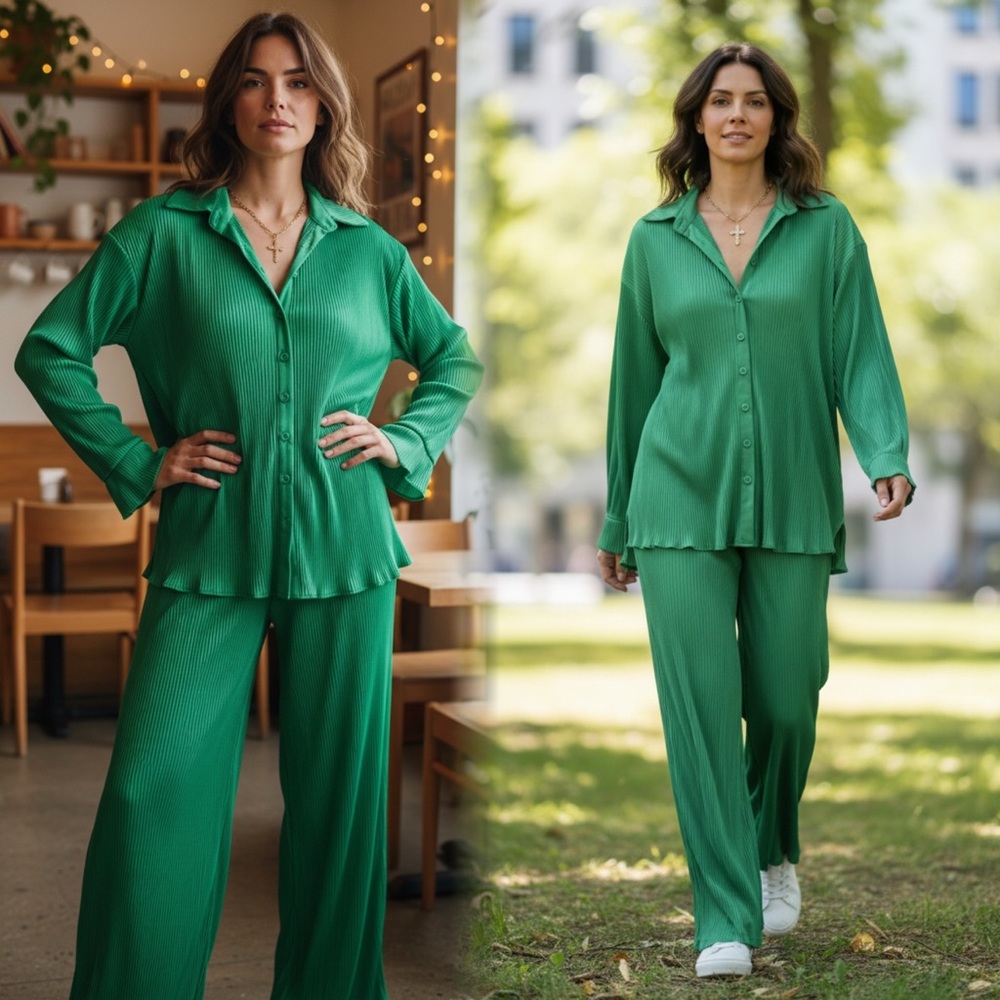 Green Button-Up Shirt and Pants Plisse Set NWOT